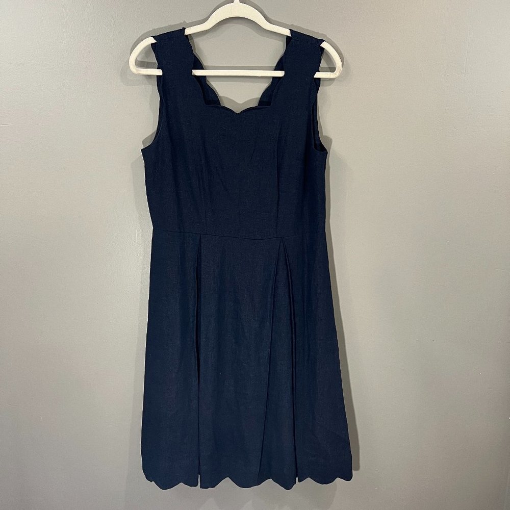Sigrid Olsen Navy Blue Linen Dress with Scalloped hem Size Medium